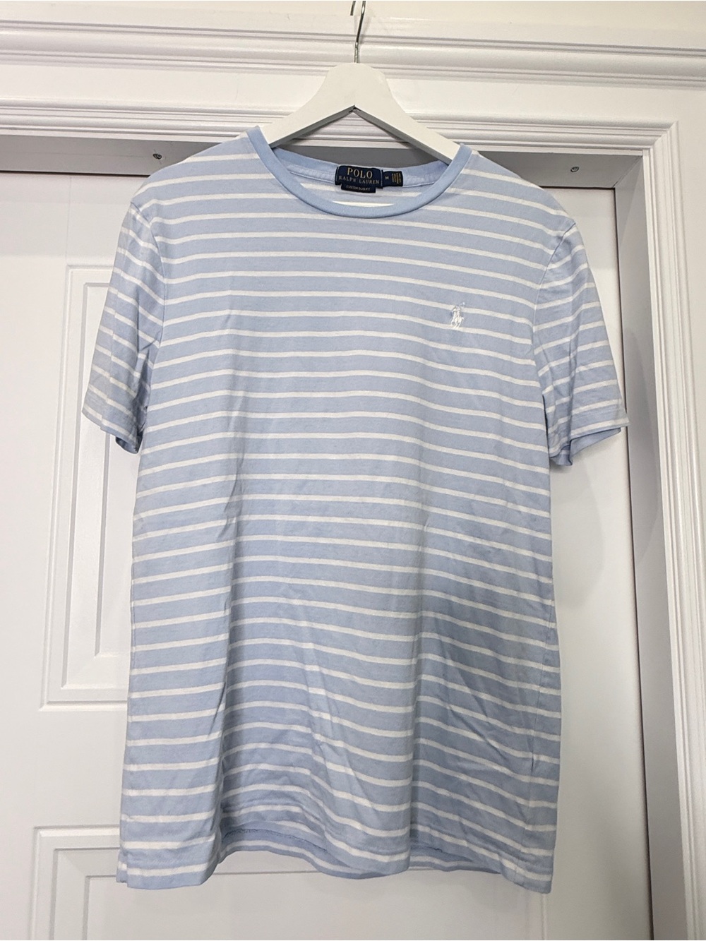 POLO RALPH LAUREN CUSTOM SLIM FIT TEE SCOOP NECK MEDIUM BLUE WHITE